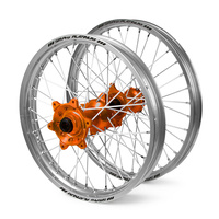 KTM Haan / Platinum SNR MX Silver Rims / Orange Hubs Wheel Set EXC-EXC-F 250-300-350-450-500 2003-2015 (21*1.6 / 18*2.15")"